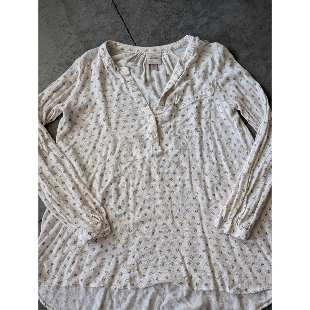 Knox Rose Women's Casual‎ Beige Patterned Long Sleeve Button Up Shirt Top Blouse